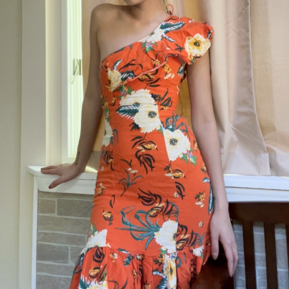 UO Carmen Linen One-Shoulder Ruffle Midi Dress